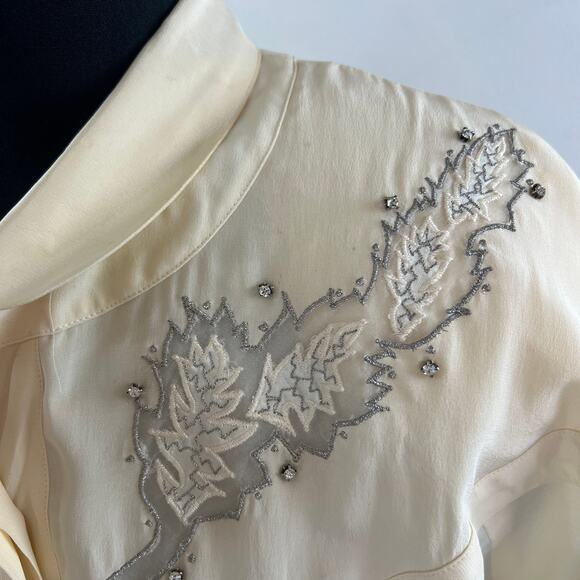 VINTAGE Cedars Beige Top Skirt Silk Floral Embroidered Button-Up Set Size 8 VTG - Picture 7 of 16